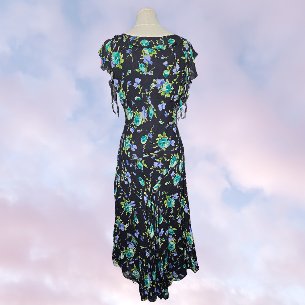 Vtg 90s Floral Ruffle Black Blue Green Formal Cocktail Rayon Asymmetric Dress S - Picture 6 of 9